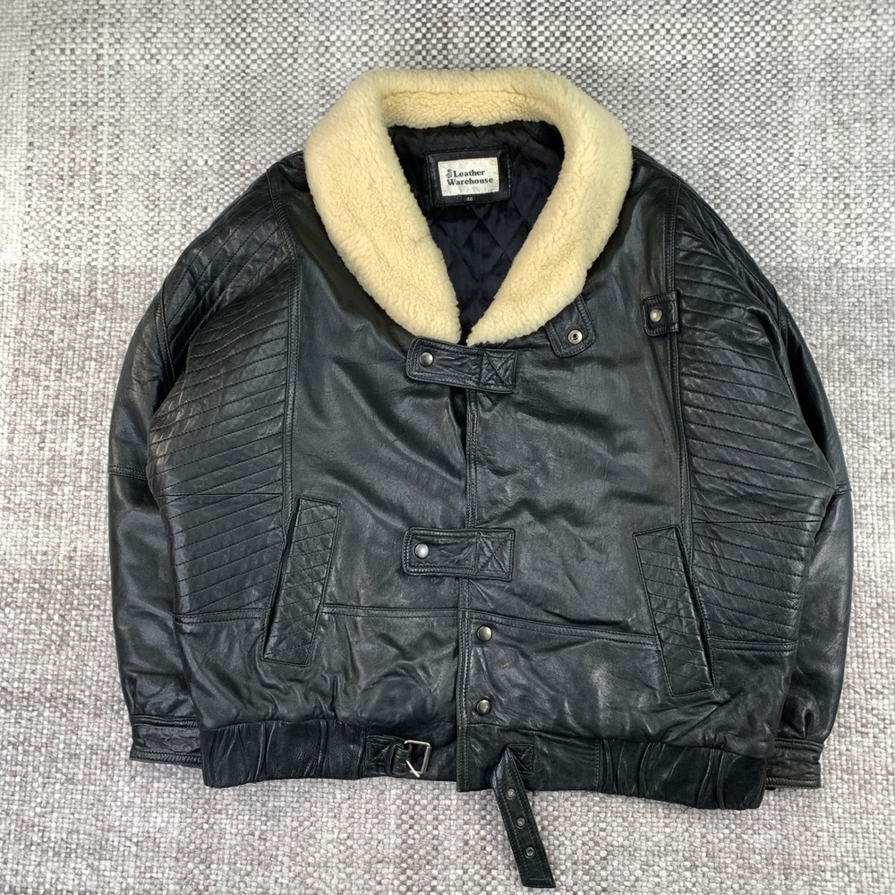 The Leather Warehouse Mens Black Leather Bomber Jacket Shearling Collar Size 46